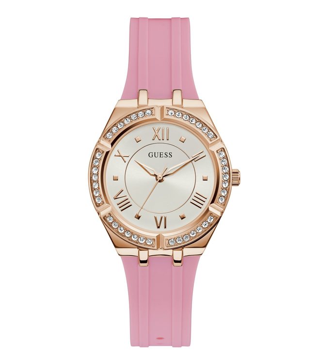 Guess Cosmo women's watch with rose gold case, crystal bezel, silver dial with roman numerals, and pink strap