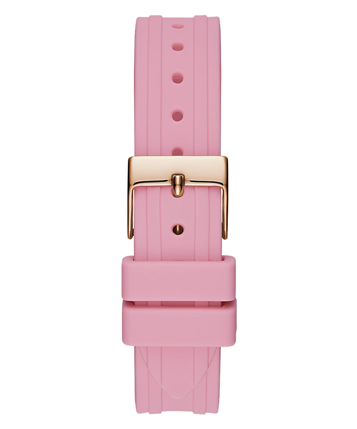 Pink silicone strap with rose gold buckle clasp and size adjusters