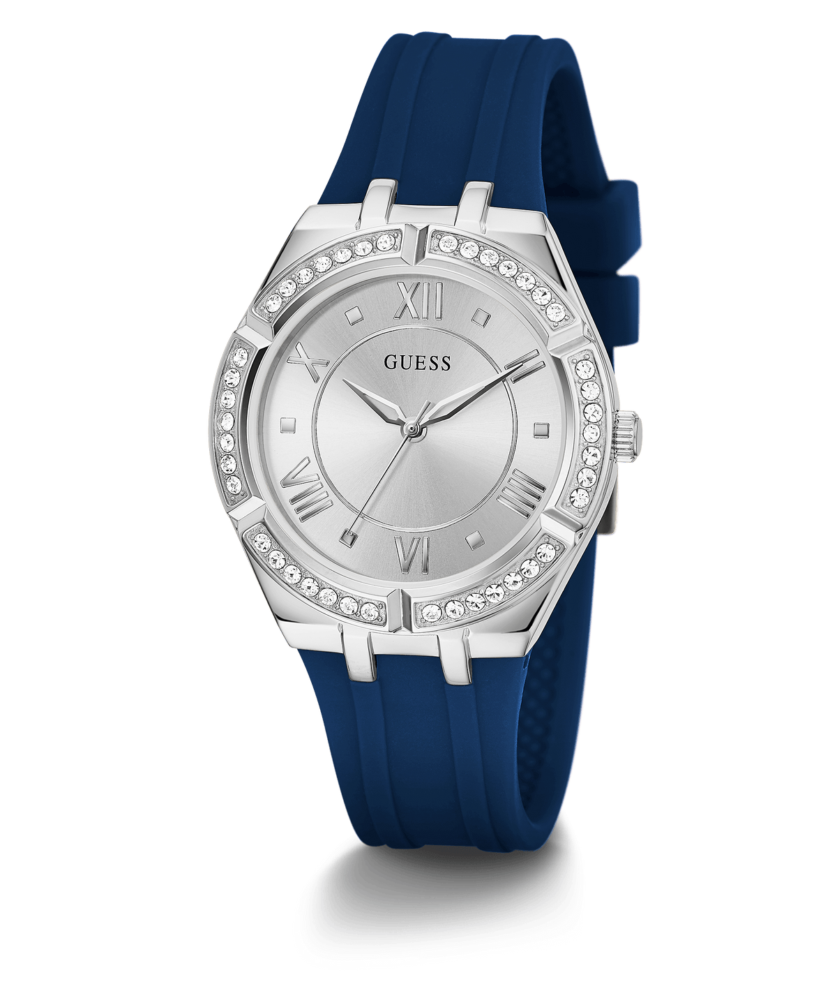 Guess Cosmo women's watch with silver-tone case, crystal bezel, and blue rubber strap