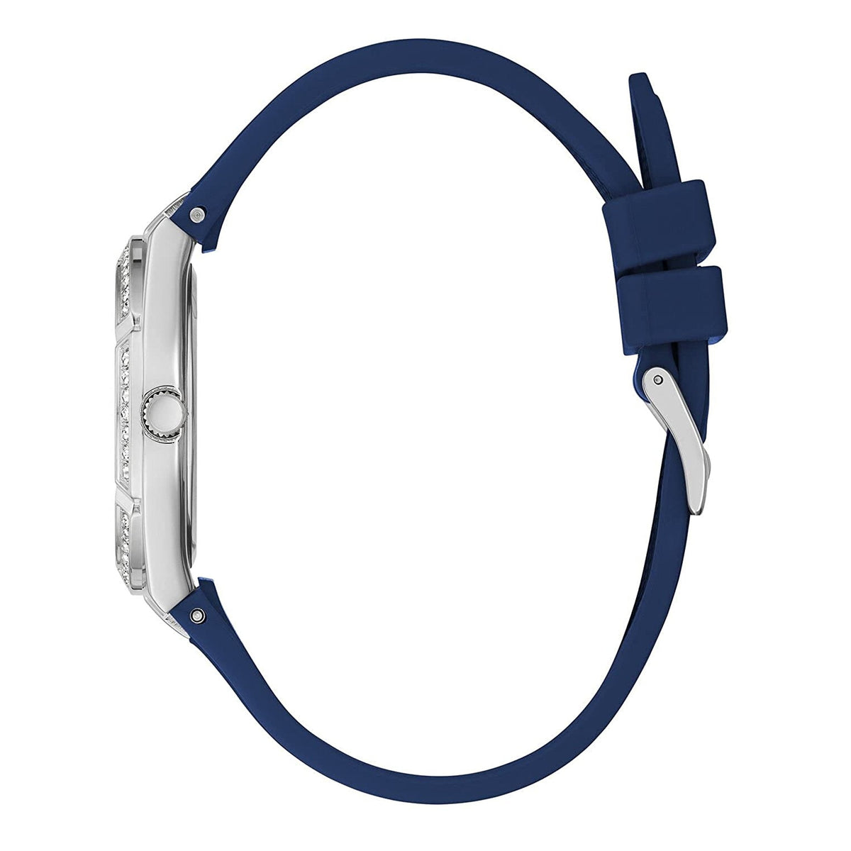 Side view of Guess Cosmo watch showing silver case and blue rubber strap
