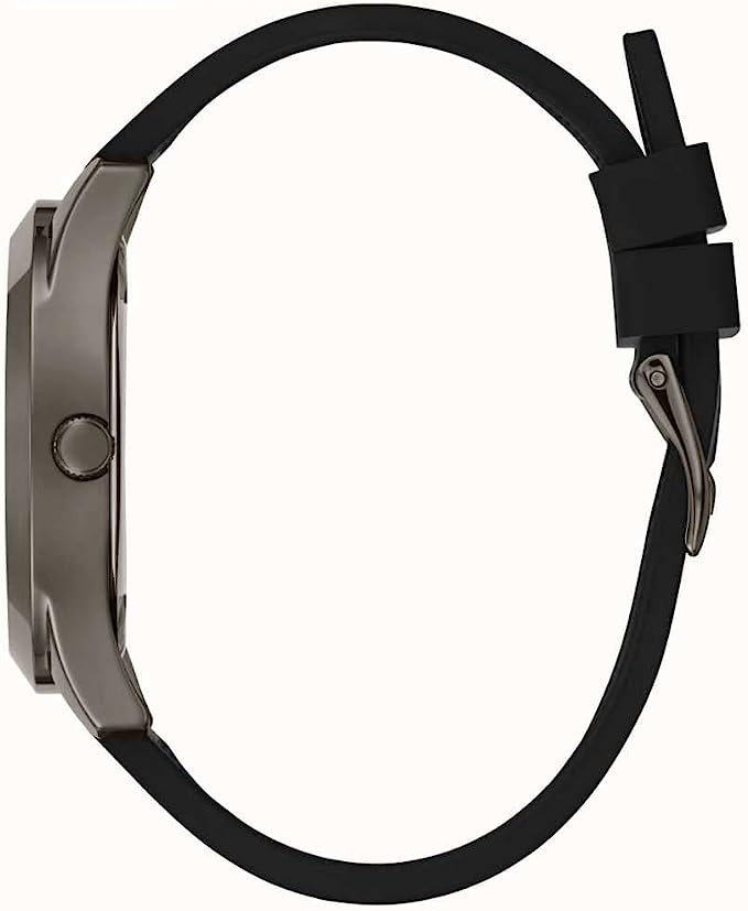Side view of Guess Crush watch showing gunmetal case profile and black silicon strap