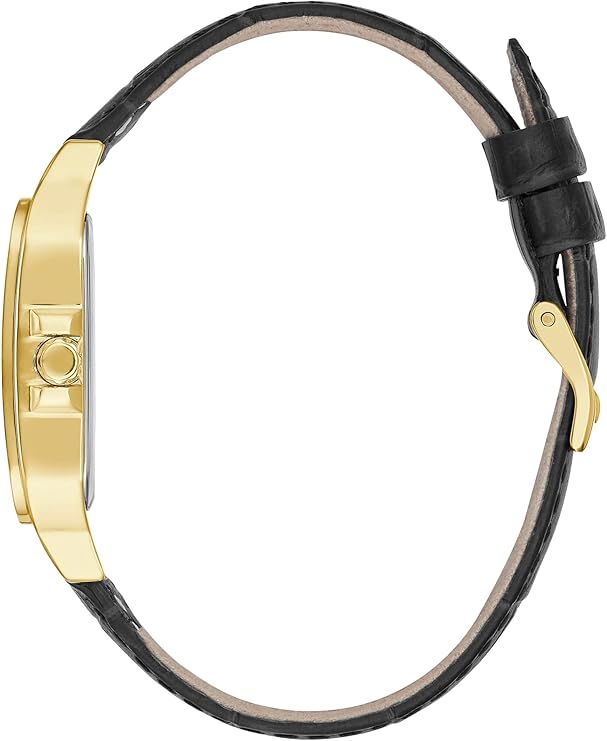 Guess Deco watch side profile showing gold case and black leather strap