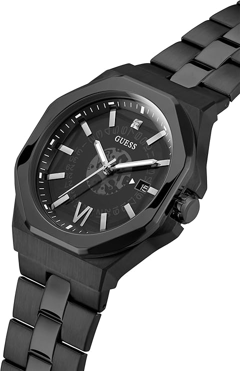 GUESS EMPEROR watch angled view displaying case, dial, and black bracelet