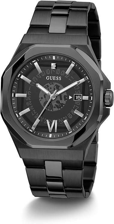 GUESS EMPEROR black analog watch with Roman numeral indices and date window