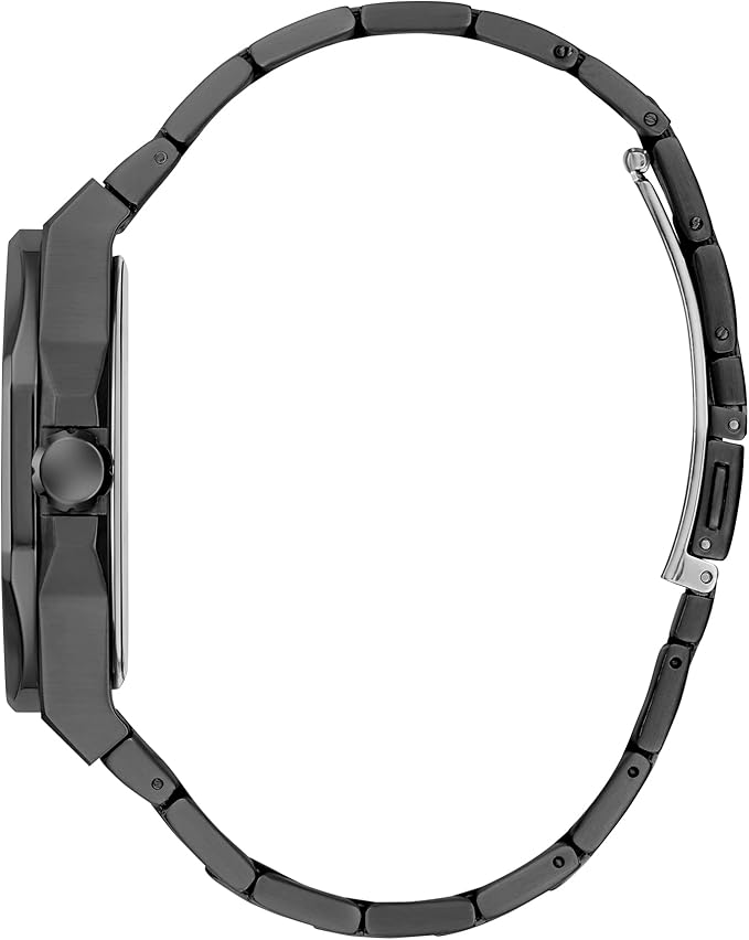 GUESS EMPEROR watch side view showing black metal bracelet and case profile