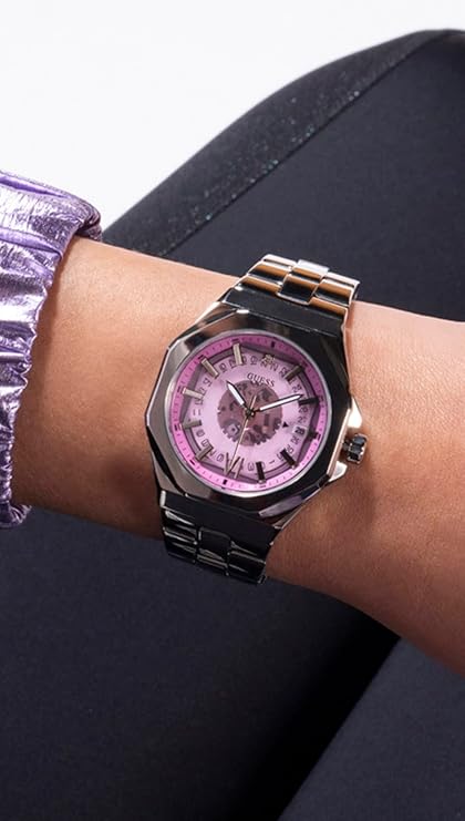 Guess Empress GW0551L1 34mm watch worn on wrist with purple dial