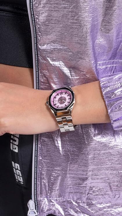 Guess Empress GW0551L1 on-wrist view from above showing purple dial face