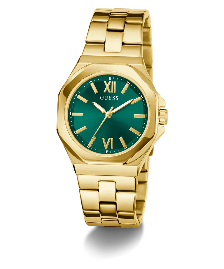 Guess Empress watch at angle showing gold bracelet and teal dial with Roman numerals