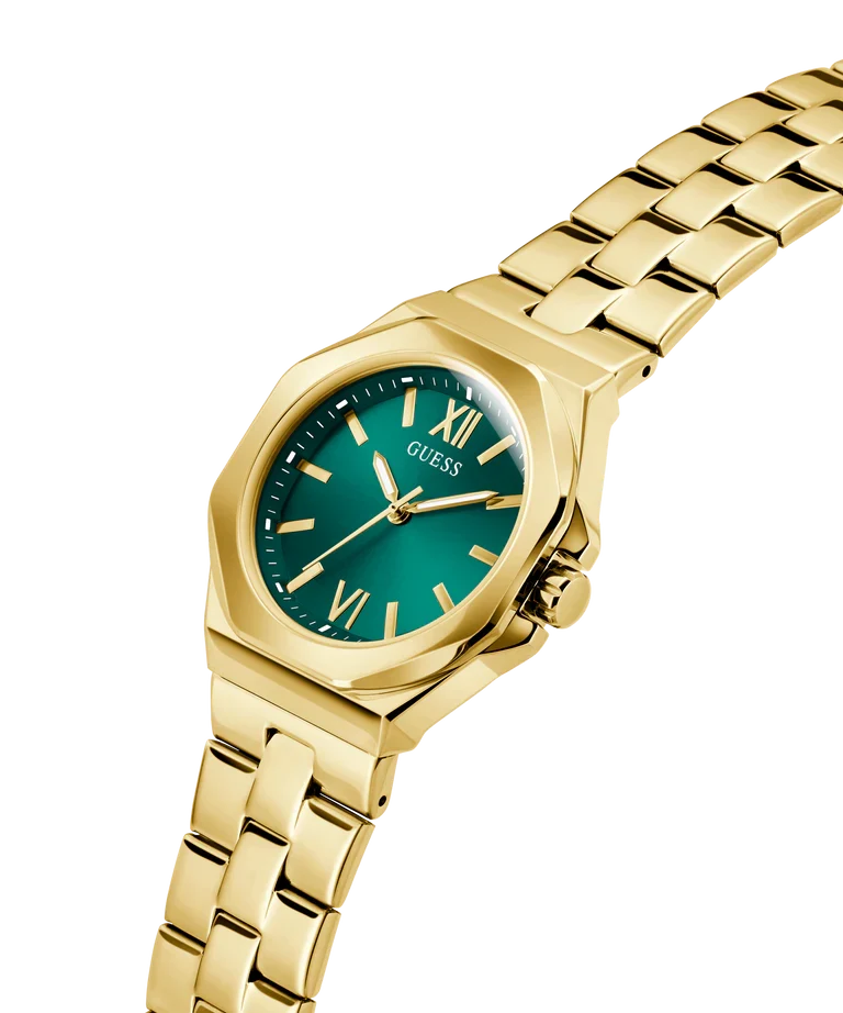 Guess Empress watch worn on wrist showing gold bracelet detail