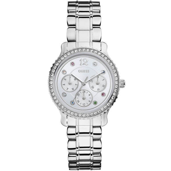Guess Enchanting silver women's watch angled view with bracelet strap