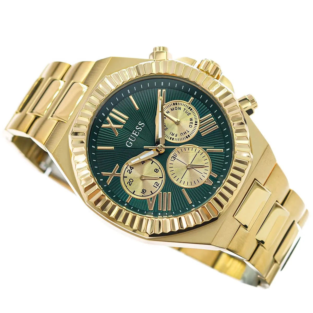 GUESS Equity watch at angle showing gold case, bezel, and green dial with chronograph dials