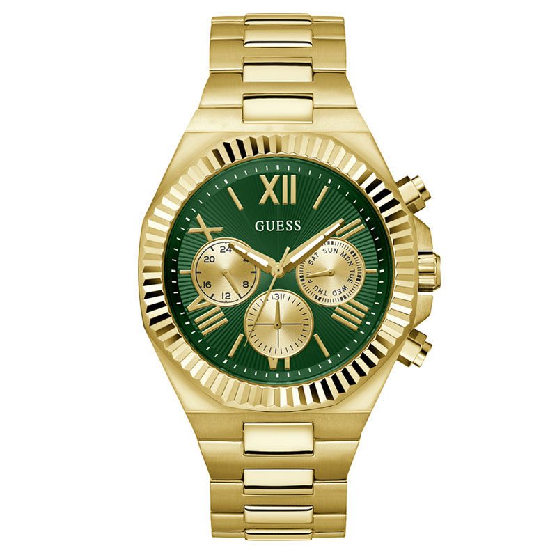 GUESS Equity gold tone mens watch with green dial and three sub-dials