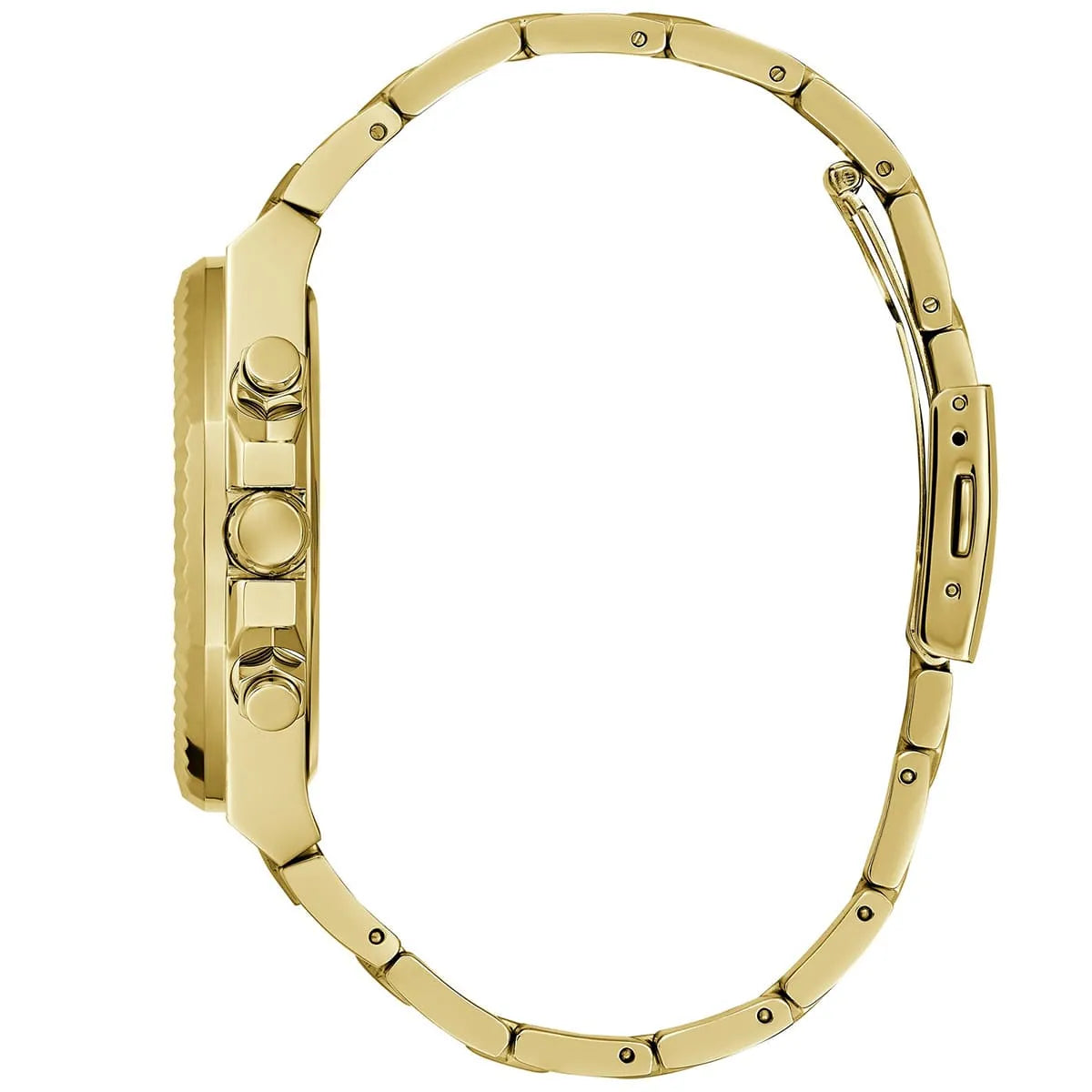 GUESS Equity watch side view showing gold case profile and link bracelet