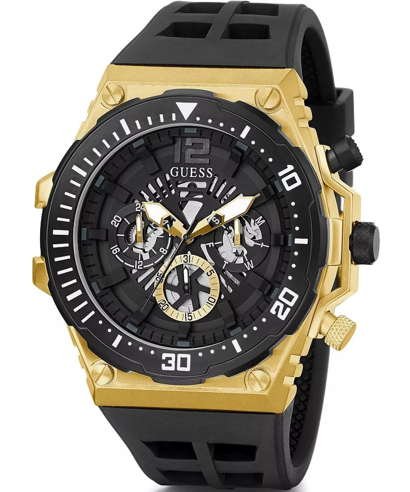 GUESS Exposure GW0325G1 three-quarter view showing gold case with black skeleton dial and black strap