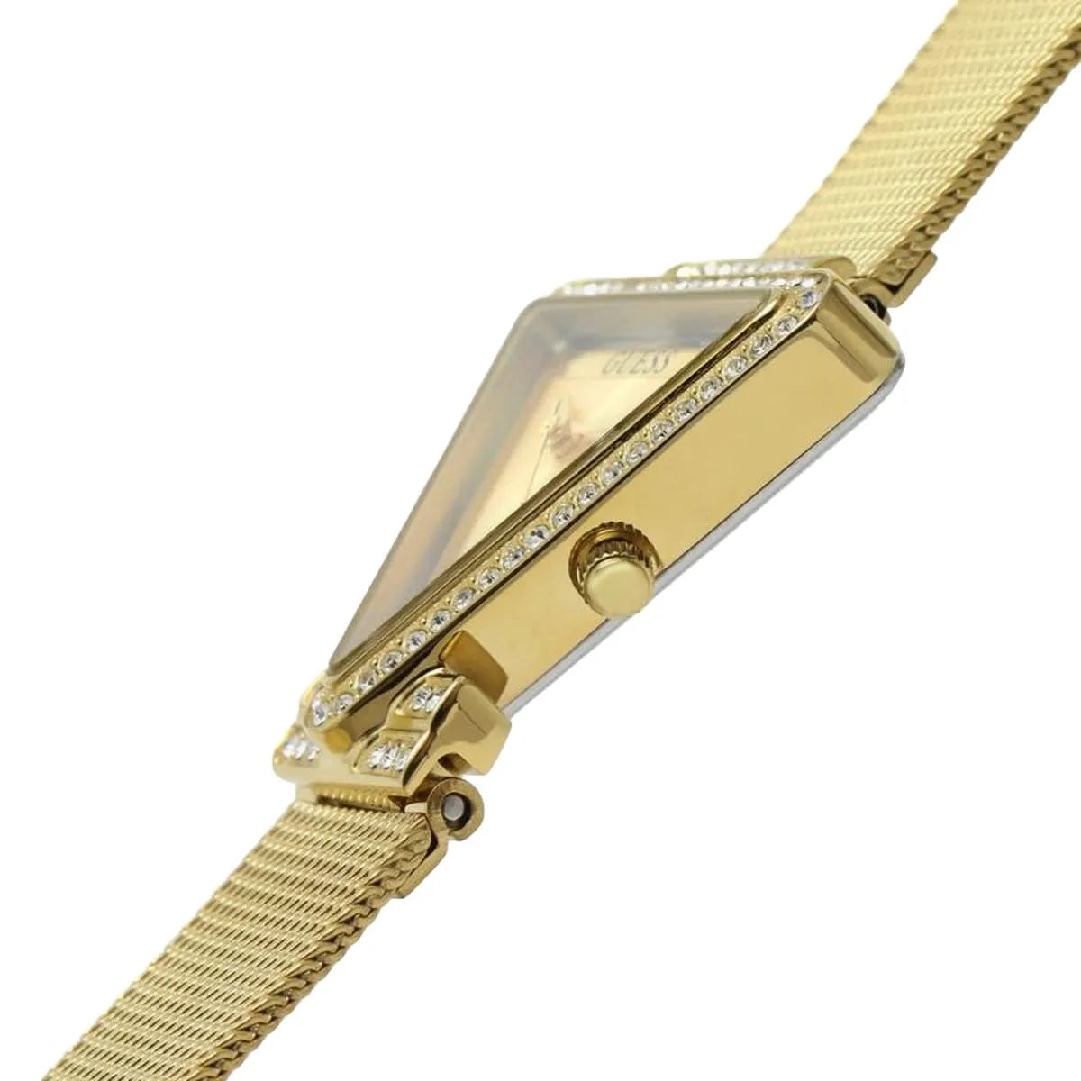 Guess Fame watch caseback showing deployment clasp on gold mesh strap