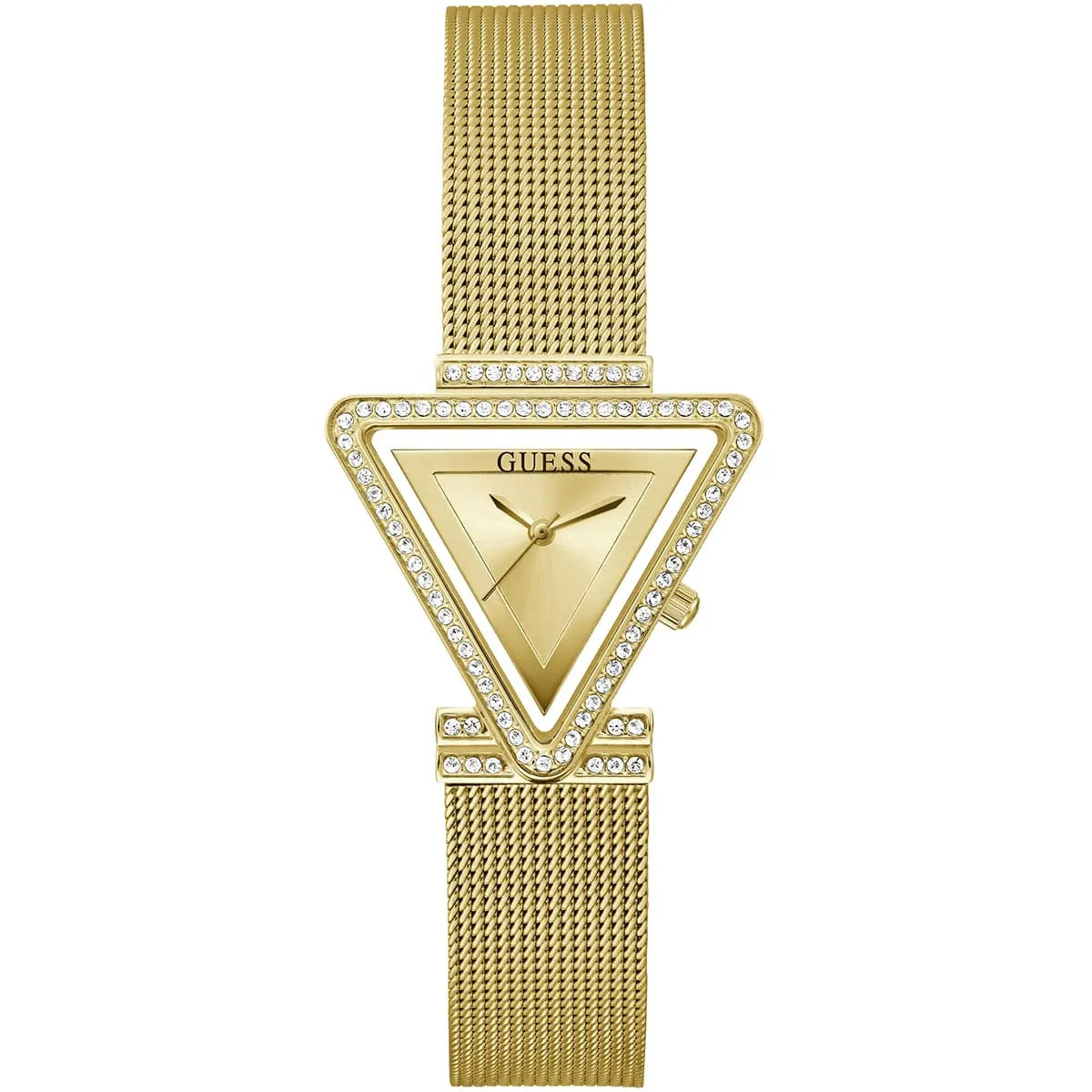 Guess Fame gold tone triangular watch with crystal-set case and mesh strap