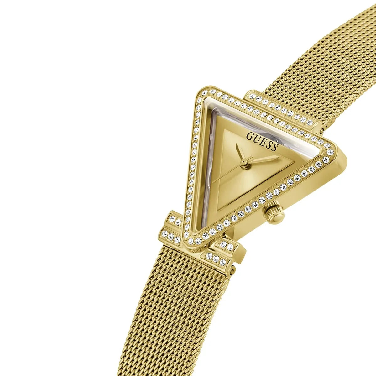 Guess Fame watch side view displaying gold mesh strap and case profile