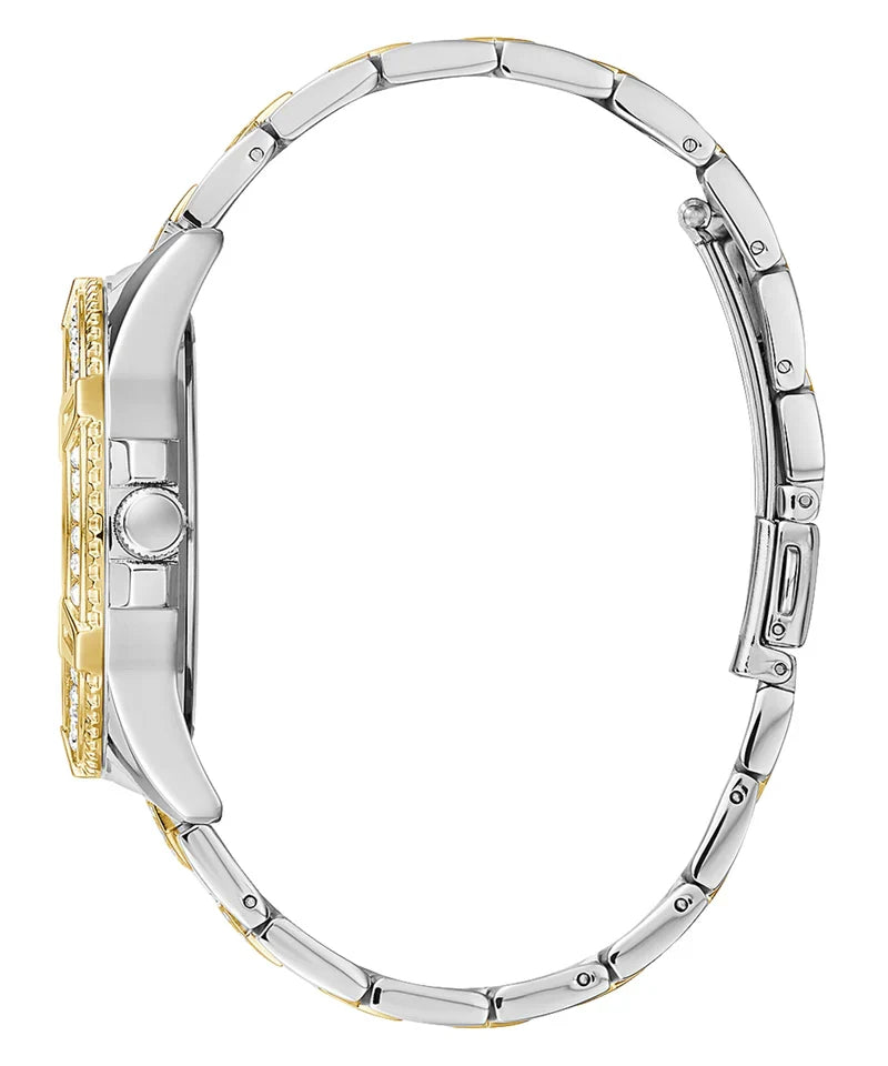 Side profile view of Guess Frontier watch showing case thickness and crystal-set bezel