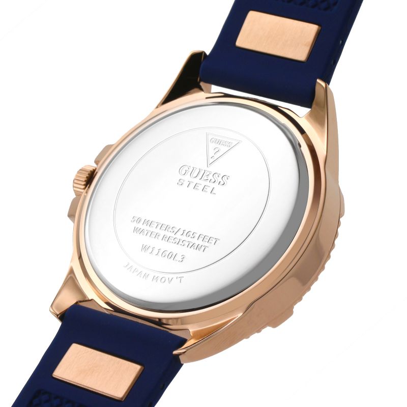 Guess Frontier watch caseback showing Guess steel engraving and water resistance specifications