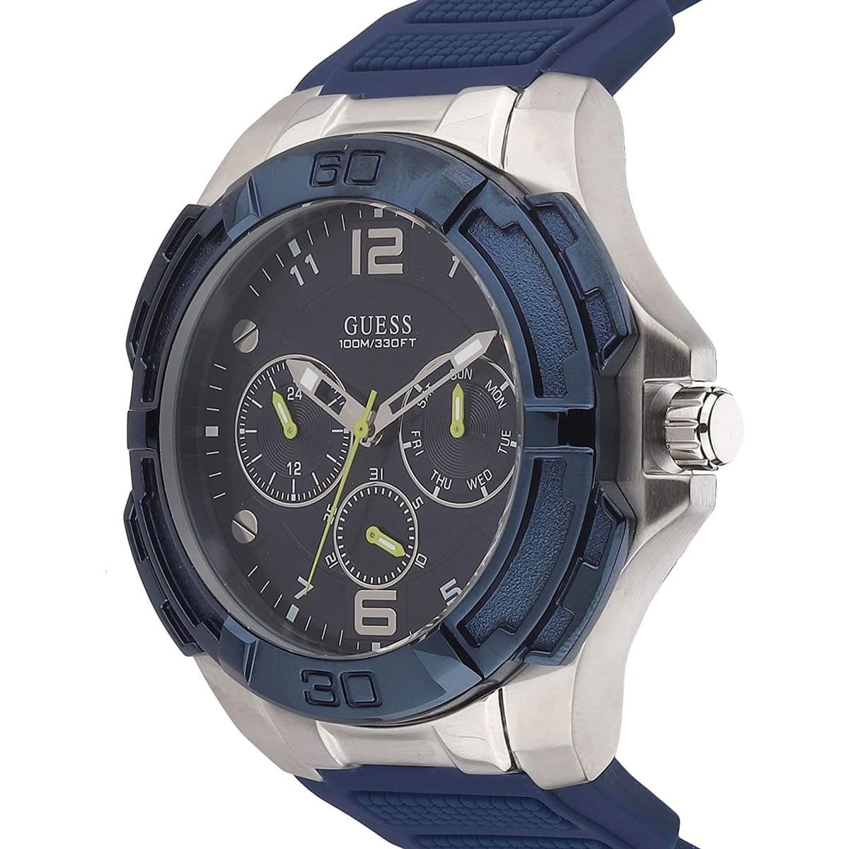 Guess Genesis watch side profile showing silver-tone case and navy rubber strap
