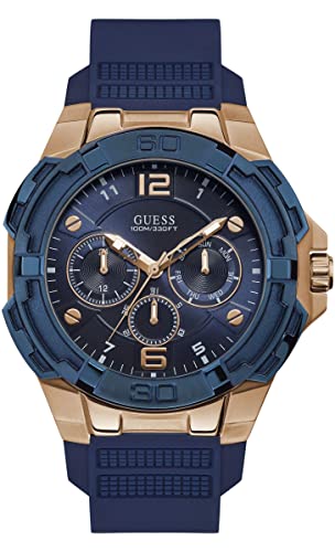 Guess Genesis watch angled view showing blue dial with chronograph subdials and rose gold accents
