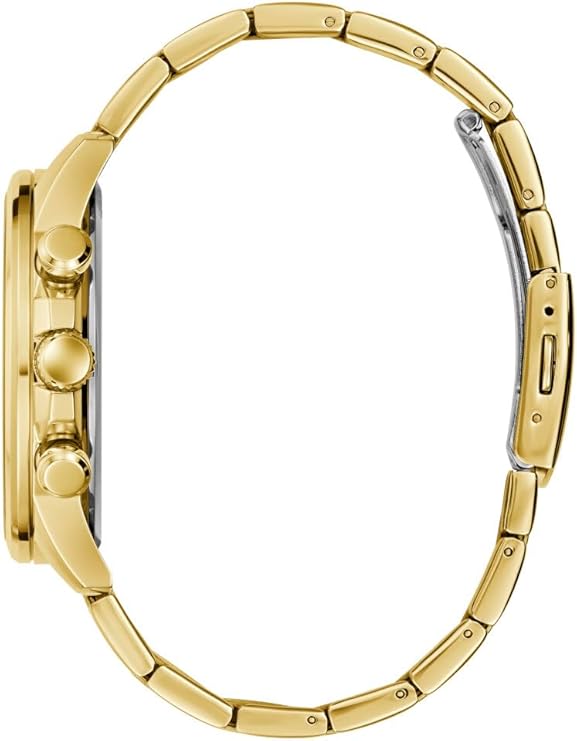 Side view of GUESS gold tone watch showing link bracelet and case profile