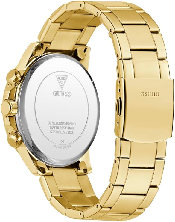 GUESS gold tone watch caseback showing water resistance rating and engraved text