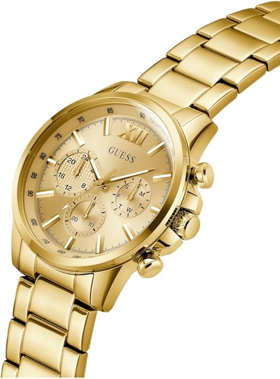 Angled view of GUESS gold chronograph watch with gold link bracelet