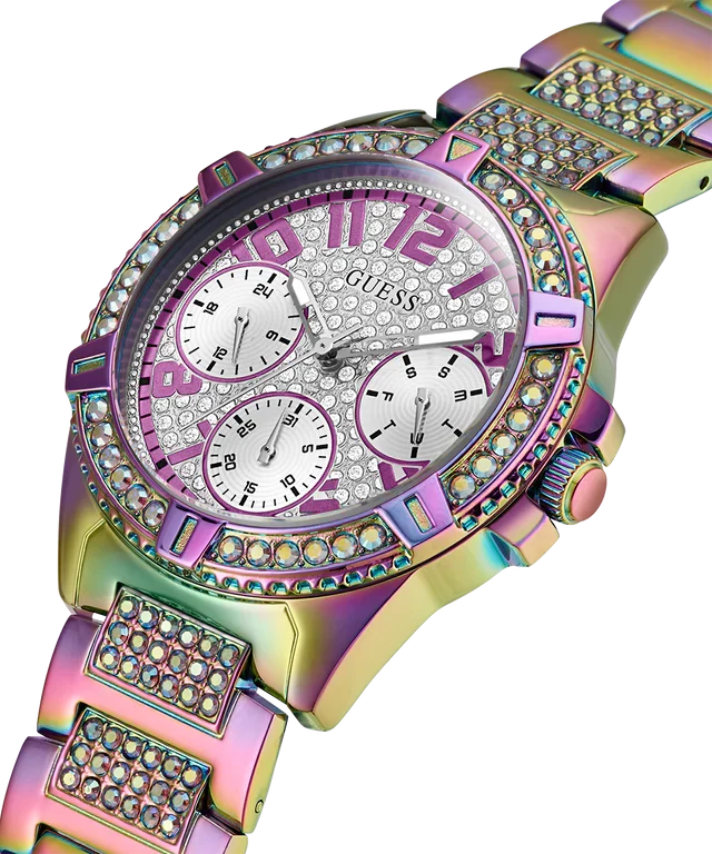 GUESS GW0044L1 watch at angle showing crystal-set case, three subdials, and iridescent band