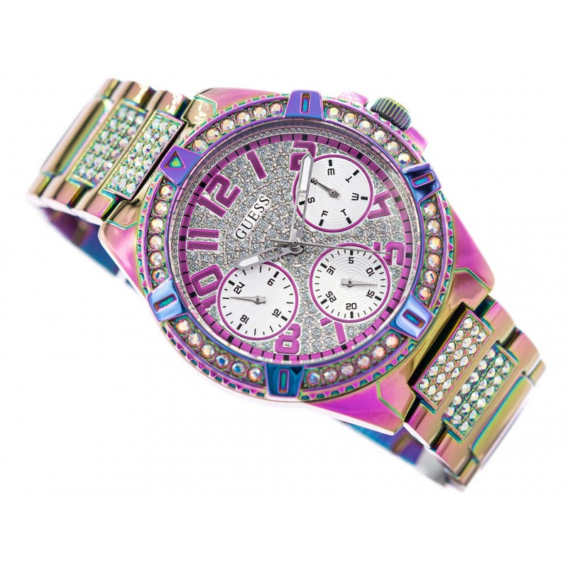 GUESS GW0044L1 iridescent chronograph watch overhead view with crystal dial and colorful bracelet