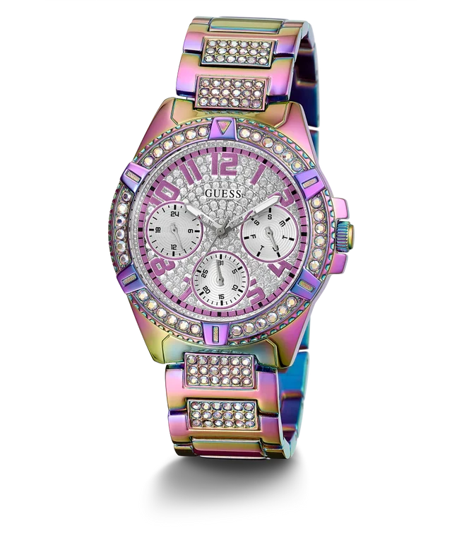 GUESS GW0044L1 ladies watch side view displaying rainbow iridescent bracelet links