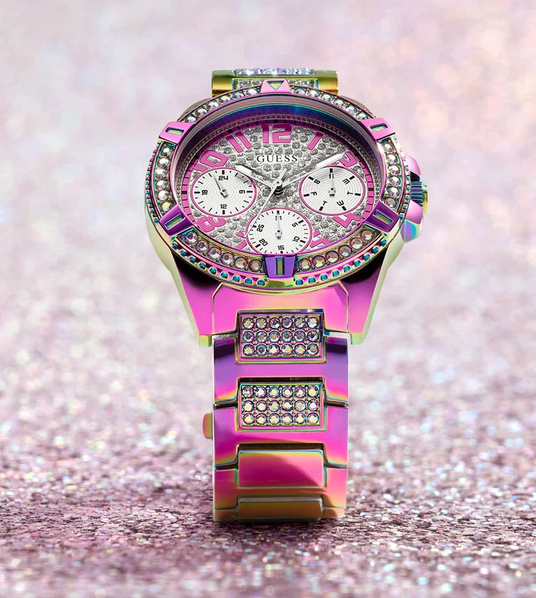 GUESS GW0044L1 iridescent chronograph watch on sparkly surface showing full front view