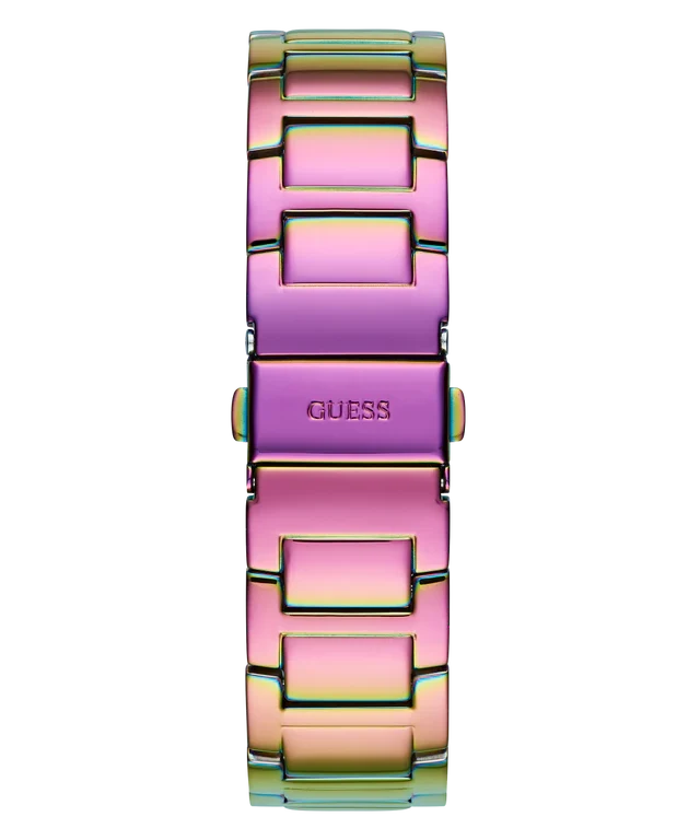 GUESS GW0044L1 iridescent metal bracelet with colorful rainbow gradient links and GUESS logo