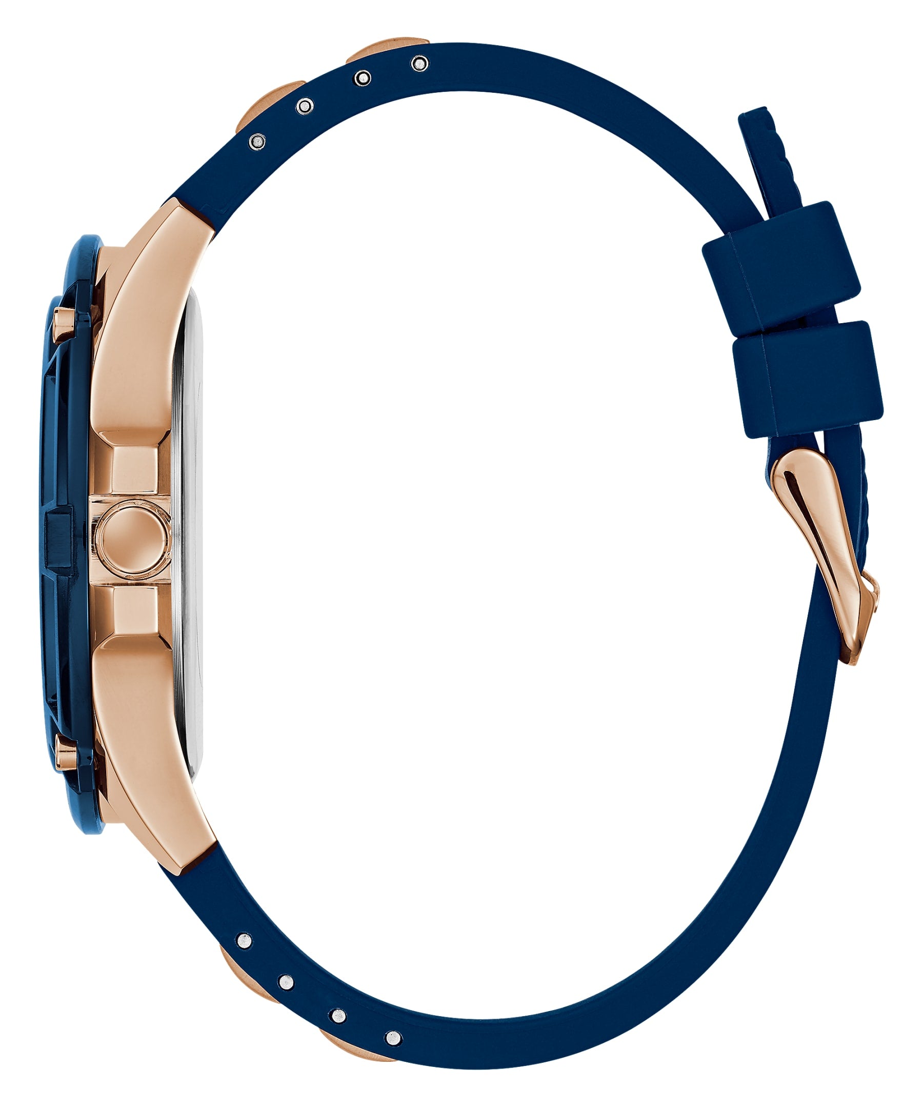 Side view of Guess watch showing rose gold case, crown, and blue silicone strap