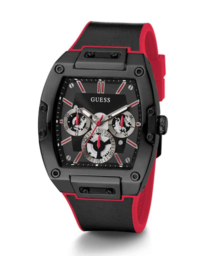 Guess Phoenix chronograph watch at angle showing rectangular black case with red silicone strap accents
