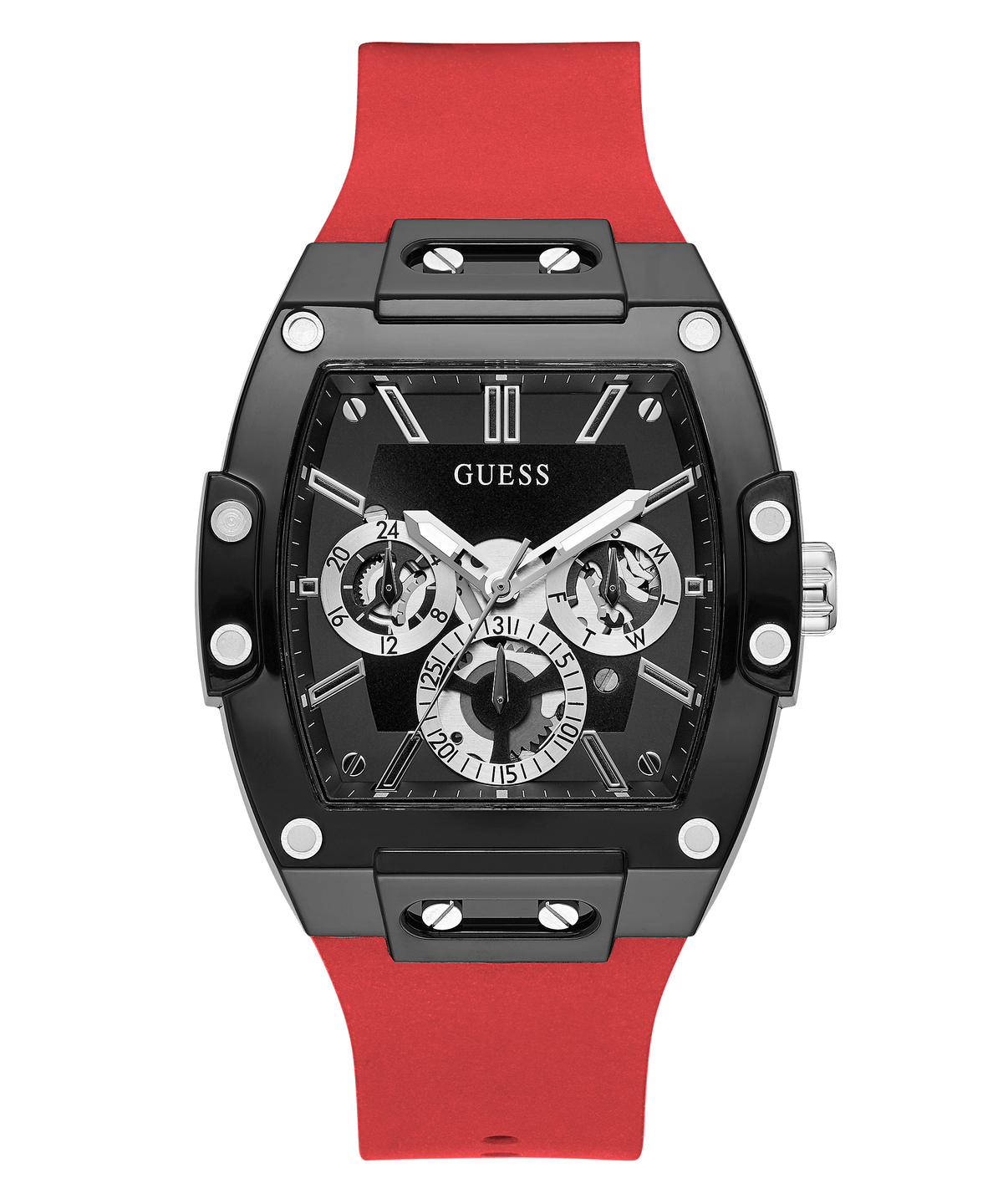 Guess black case red silicone men's chronograph watch GW0203G4 angled view