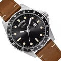 Angled view of Guess GW0221G3 watch showing black dial and brown leather strap