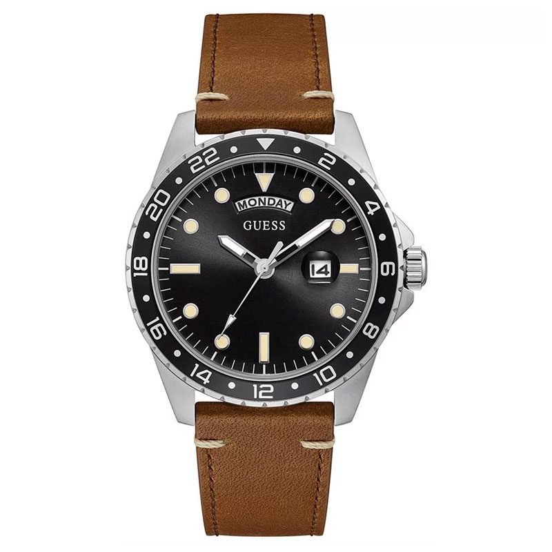 Guess quartz men's watch with black dial, 44mm steel case, and brown leather strap