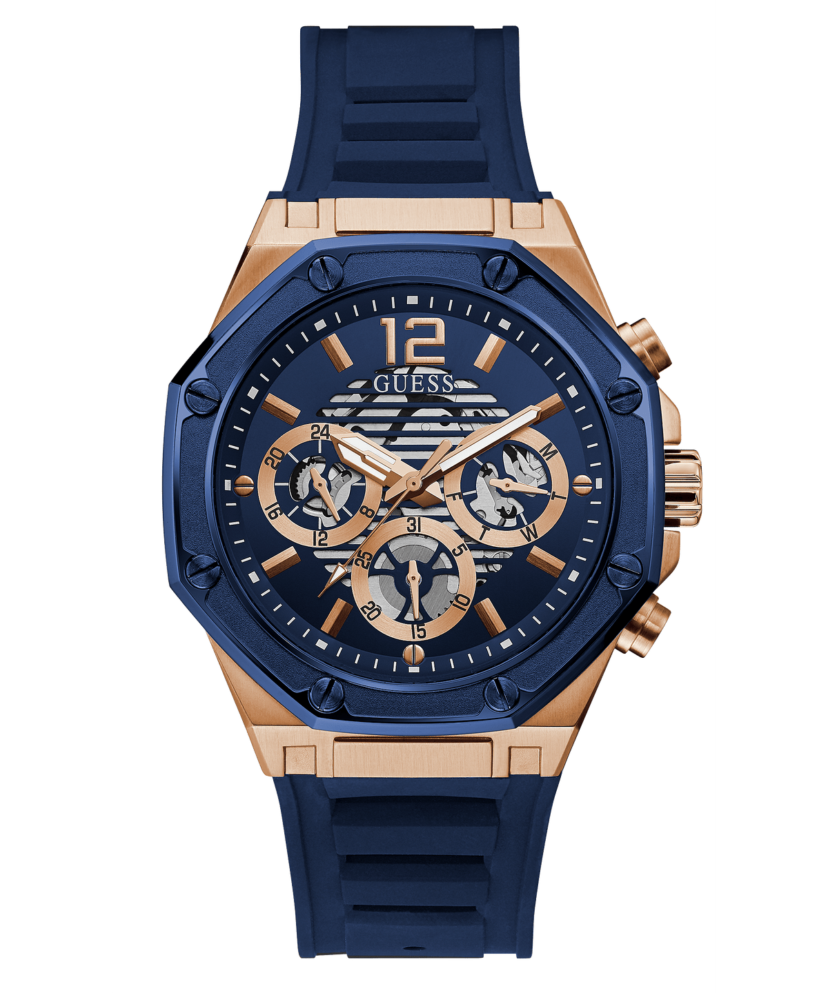 Guess GW0263G2 men's watch with blue dial, rose gold case, skeleton chronograph subdials, and blue silicone strap