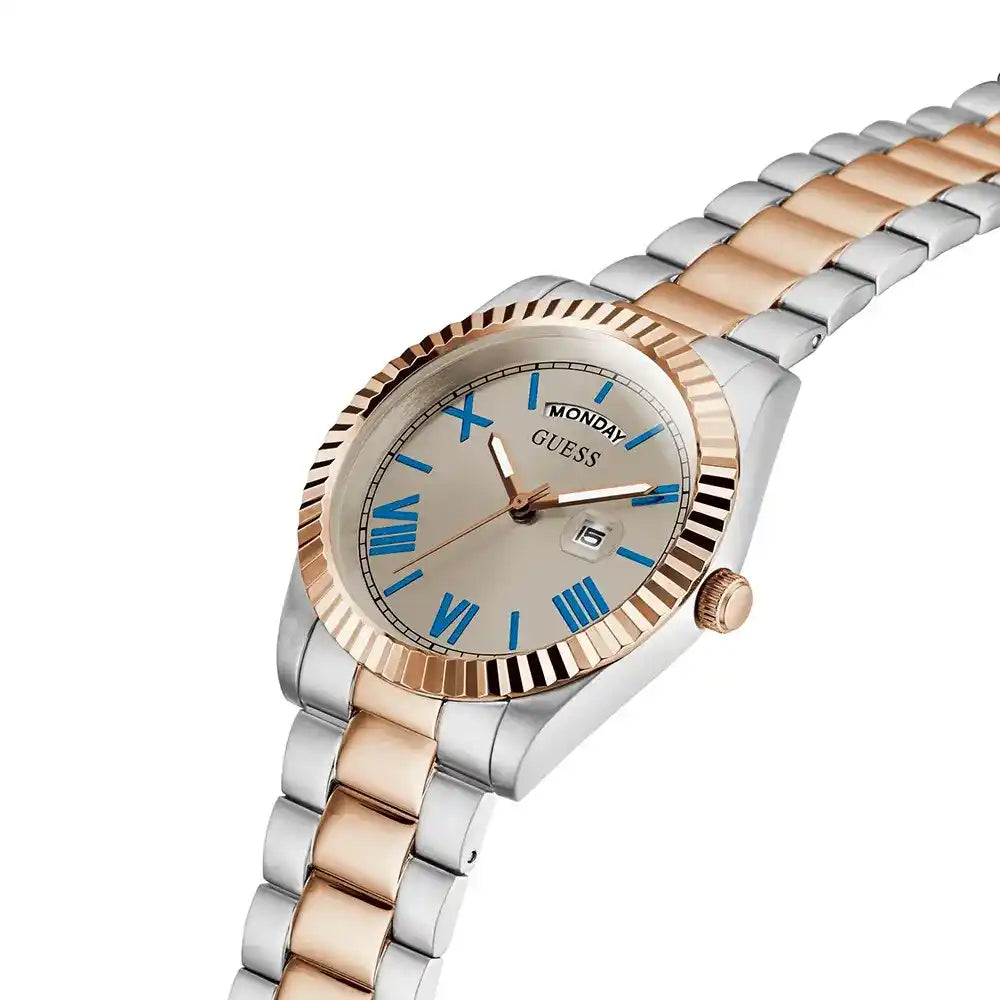 Side view of GUESS GW0265G13 two-tone mens watch with silver and rose gold link bracelet