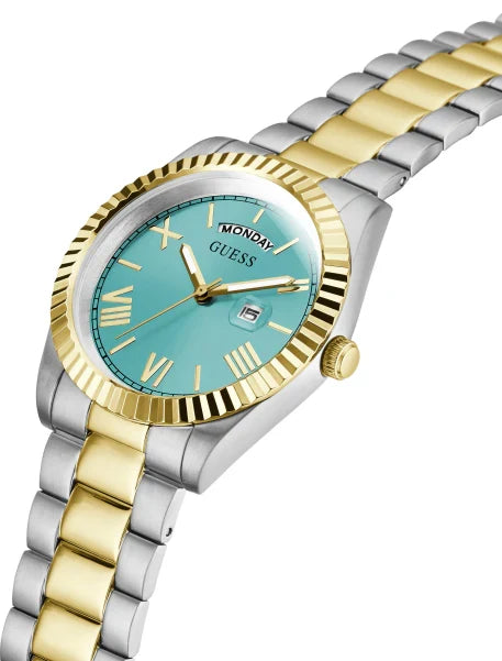 Guess two-tone men's watch angled view showing turquoise dial and mixed metal bracelet