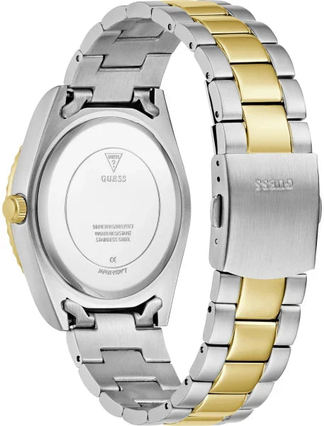 Guess men's watch caseback and two-tone stainless steel bracelet with mixed metal links