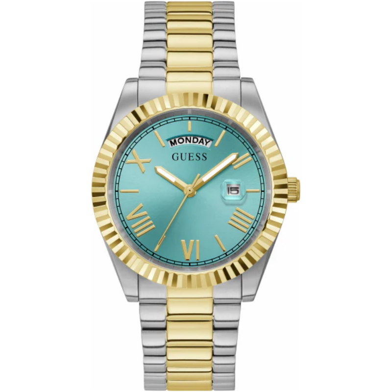 Guess two-tone men's watch with turquoise dial, gold-tone bezel, and stainless steel bracelet