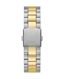 Case back view of Guess watch showing stainless steel caseback with engraved branding