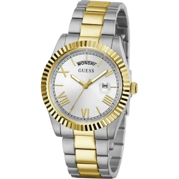 Guess men's watch with silver dial, Roman numerals, fluted gold bezel, day-date window, two-tone stainless steel bracelet
