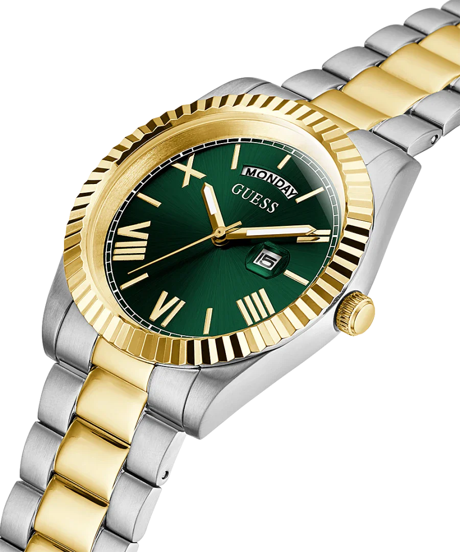 Guess GW0265G8 angled view of green dial watch with silver-gold stainless steel bracelet