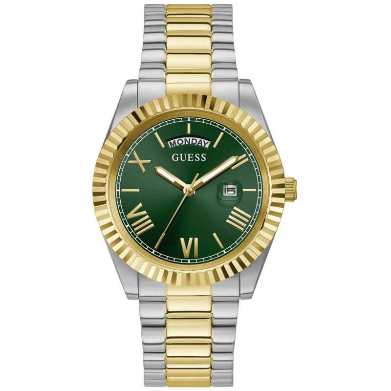 Guess men's watch with green dial, gold bezel, and silver-gold two-tone stainless steel strap