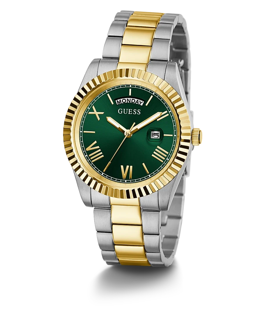 Guess GW0265G8 watch front view showing green dial with gold Roman numerals and two-tone strap