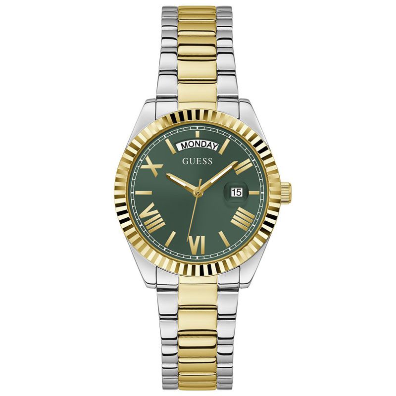 GUESS ladies 2-tone watch with green dial, Roman numerals, day/date window, gold and silver bracelet
