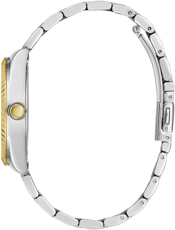 GUESS GW0308L5 side profile with 2-tone silver and gold bracelet and fold-over clasp